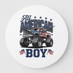 Amerikanisches Jungen-Monster-Truck-Vintage-Patrio Große Wanduhr