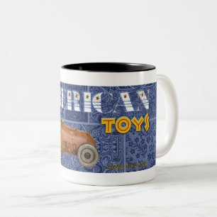 AMERIKANISCHES SPIELZEUG MIT GUSSEISERNEM RENNFAHR ZWEIFARBIGE TASSE