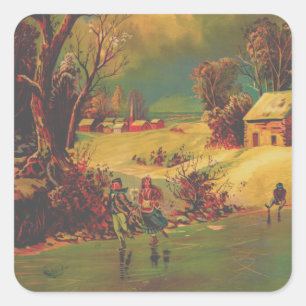 Amerikanisches Winterleben Vintage Quadratischer Aufkleber