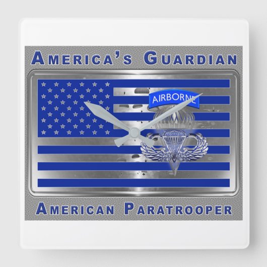 Amerikas "Guardian Im Flugzeug Paratrooper Flag" Quadratische Wanduhr (Vorderseite)