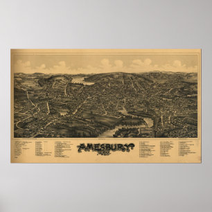 Amesbury Massachusetts 1890 Antique Panoramic Map Poster