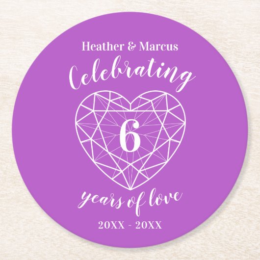 Amethyst 6 Jahre Liebe personalisierte Untersetzer (Vorderseite)