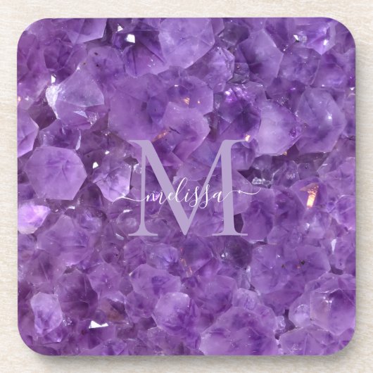 Amethyst Birthstone Monogram Personalisiert Name Getränkeuntersetzer (Vorderseite)
