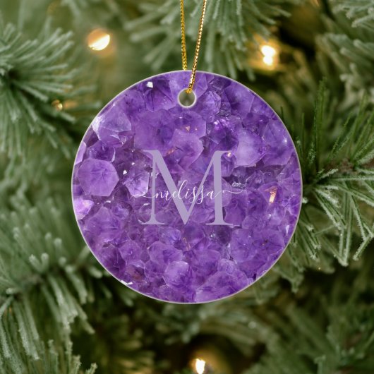 Amethyst Birthstone Monogram Personalisiert Name Keramik Ornament (Baum)