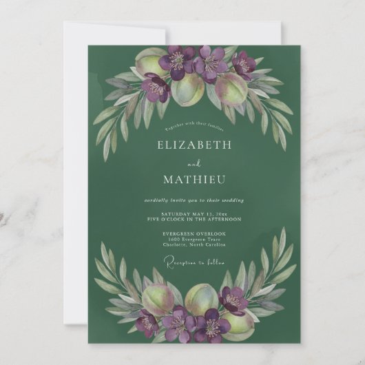 Amethyst-Blatt-Oliv-Hochzeit Einladung (Vorderseite)