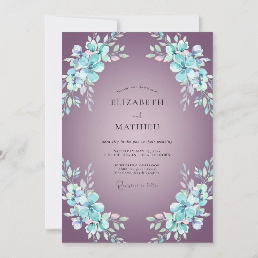 Amethyst-Blumenwirbel-Hochzeit Einladung (Vorderseite)