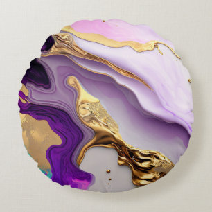 Amethyst & Blush Marmor mit flüssigem Gold Rundes Kissen