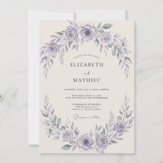 Amethyst-Botanik-Kranz-Hochzeit Einladung (Vorderseite)