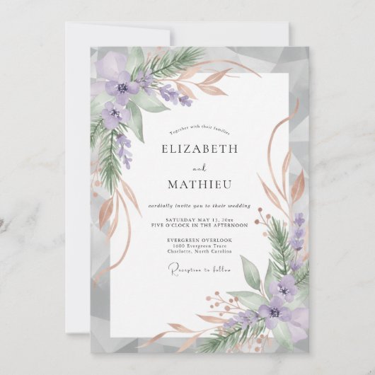 Amethyst Champagner Blatt Hochzeit Einladung (Vorderseite)
