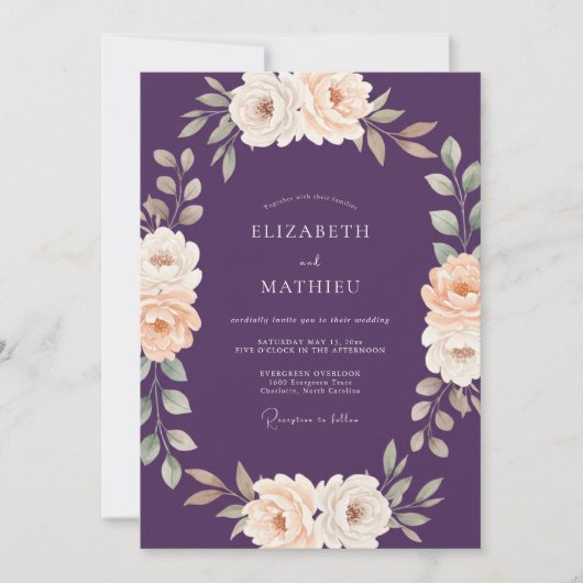 Amethyst Champagner Ranunculus Eukalyptus Hochzeit Einladung (Vorderseite)