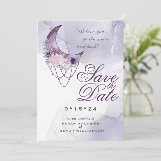 Amethyst Crescent Moon Foto Save the Date Einladung (Stehend Vorderseite)