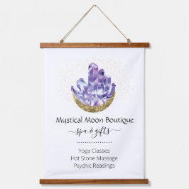 Amethyst Crystal Cluster Gold Crescent Moon Mystic Wandteppich Mit Holzrahmen