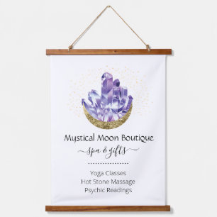Amethyst Crystal Cluster Gold Crescent Moon Mystic Wandteppich Mit Holzrahmen