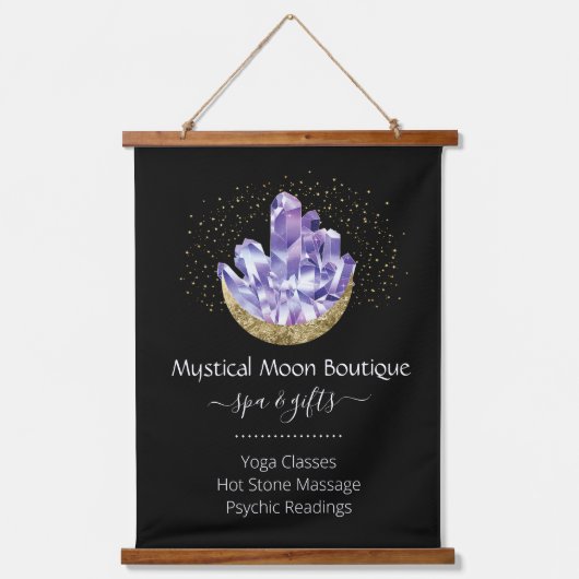 Amethyst Crystal Cluster Gold Crescent Moon Mystic Wandteppich Mit Holzrahmen (Vorderseite)