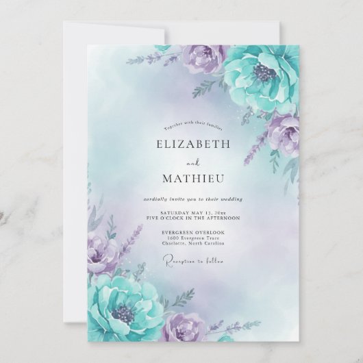 Amethyst-Cyan-Pfingstrosen-Hochzeit Einladung (Vorderseite)
