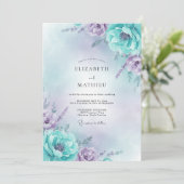 Amethyst-Cyan-Pfingstrosen-Hochzeit Einladung (Stehend Vorderseite)