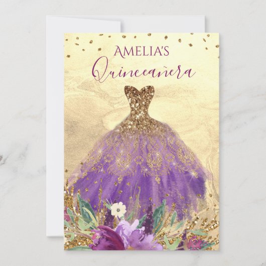Amethyst Dress Gold Quinceanera Einladung (Vorderseite)