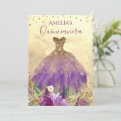 Amethyst Dress Gold Quinceanera Einladung (Stehend Vorderseite)