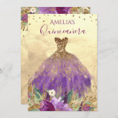 Amethyst Dress Gold Quinceanera Einladung (Vorne/Hinten)