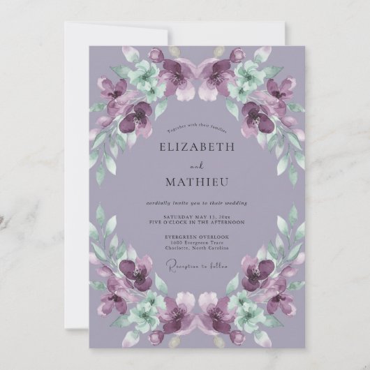 Amethyst-Farbene Hochzeit mit Gemalten Blättern Einladung (Vorderseite)