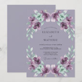 Amethyst-Farbene Hochzeit mit Gemalten Blättern Einladung (Vorne/Hinten)