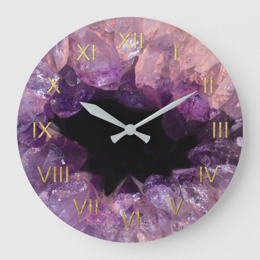 Amethyst Geode Beschreibungs-Wanduhr-Goldziffern Große Wanduhr (Vorderseite)