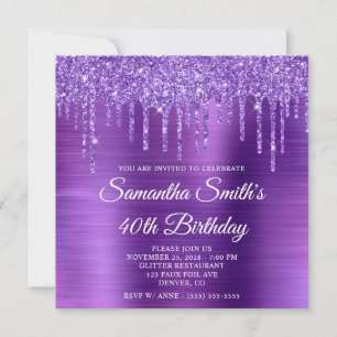 Amethyst Glitzer Tropfen und Foil 40. Geburtstag Einladung