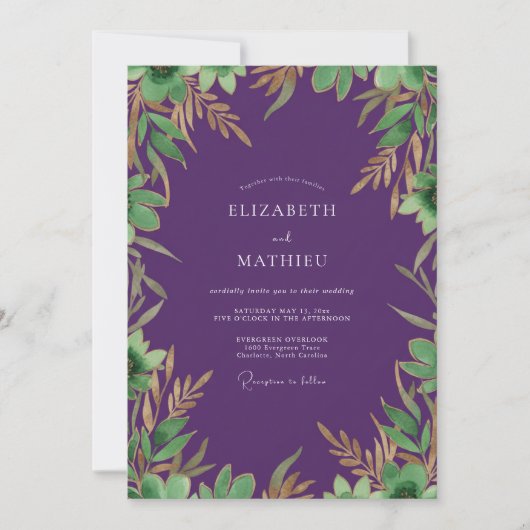 Amethyst-Gold-Laub-Eukalyptus-Hochzeit Einladung (Vorderseite)