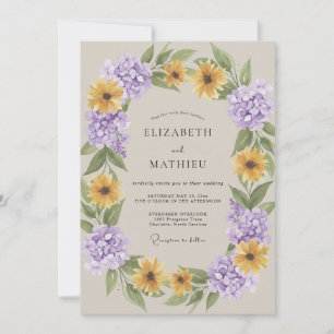 Amethyst-Gold-Sonnenblumen-Eukalyptus-Hochzeit Einladung