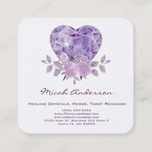 Amethyst Heart Lila Rose Quadratische Visitenkarte (Rückseite)