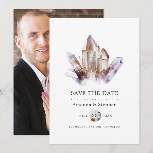 Amethyst-Kristall-Hochzeitsfoto Save The Date (Vorne/Hinten)