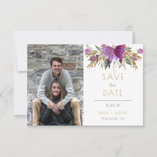 Amethyst Lila Gold Glitzer Foto Save the Date | (Vorderseite)