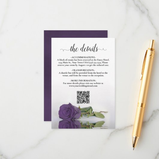 Amethyst Lila Rose Hochzeitdetails QR-Code Begleitkarte (Vorderseite/Rückseite Beispiel)