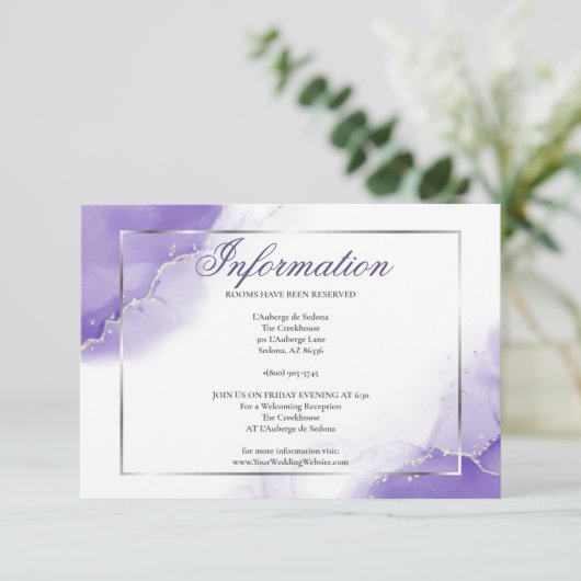 Amethyst Lila Script Silver Information Einladung (Stehend Vorderseite)