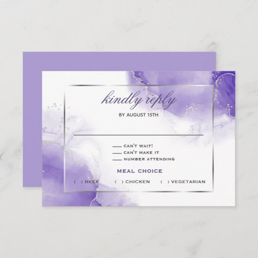 Amethyst Lila Script Silver RSVP Card (Vorne/Hinten)