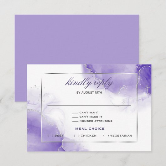 Amethyst Lila Script Silver RSVP Card Karte (Vorne/Hinten)