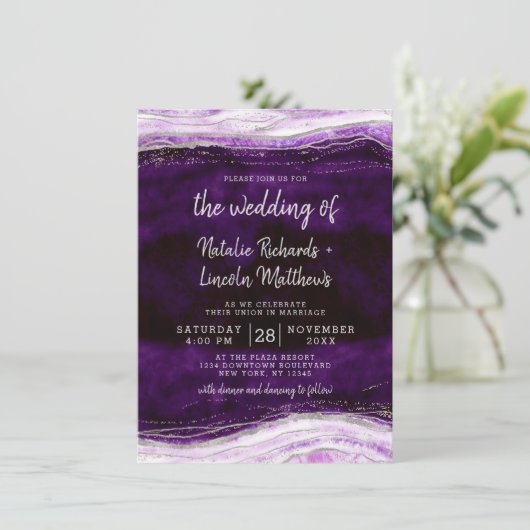 Amethyst Lila & Silver Geode Agate Rock Wedding Einladung (Stehend Vorderseite)