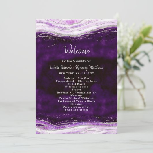 Amethyst Lila & Silver Geode Hochzeitfeier Programm (Stehend Vorderseite)