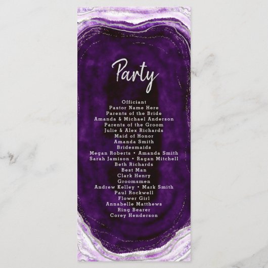 Amethyst Lila & Silver Geode Hochzeitfeier Programm (Rückseite)