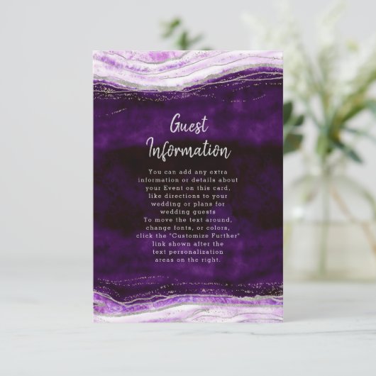 Amethyst Lila & Silver Geode Hochzeitsinformatione Begleitkarte (Stehend Vorderseite)