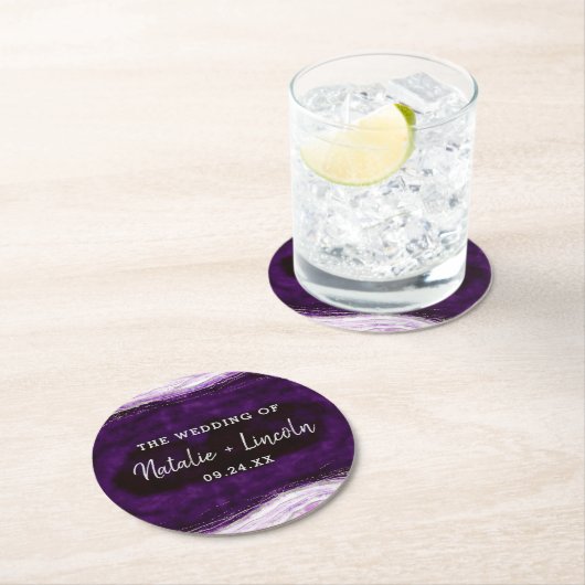 Amethyst Lila & Silver Geode Slice Monogramm Runder Pappuntersetzer (Vor Ort)