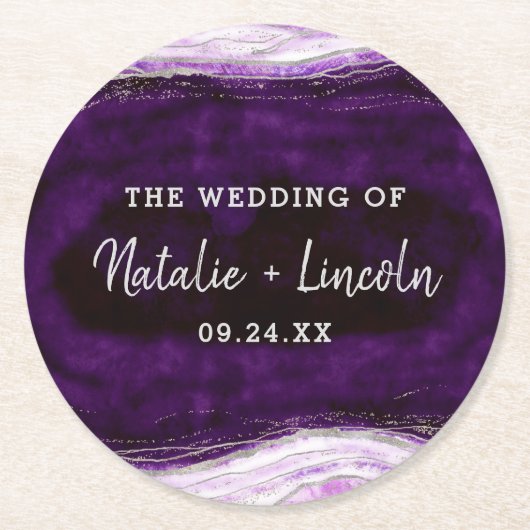 Amethyst Lila & Silver Geode Slice Monogramm Runder Pappuntersetzer (Vorderseite)