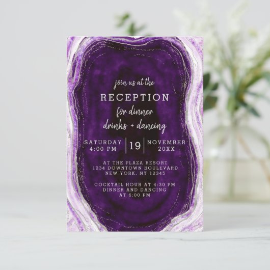 Amethyst Lila & Silver Geode Wedding Reception Einladung (Stehend Vorderseite)