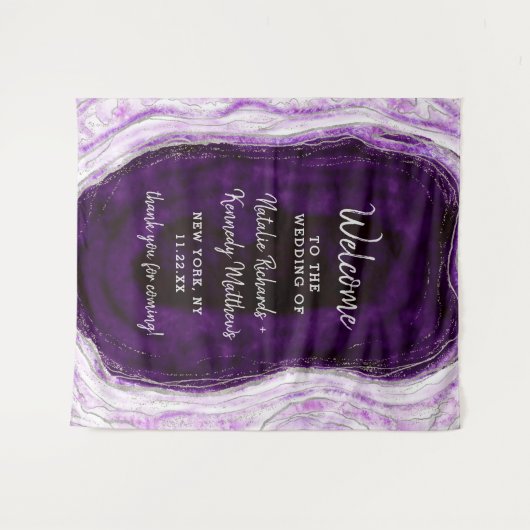 Amethyst Lila & Silver Geode Wedding Willkommen Wandteppich (Vorderseite (Horizontal))
