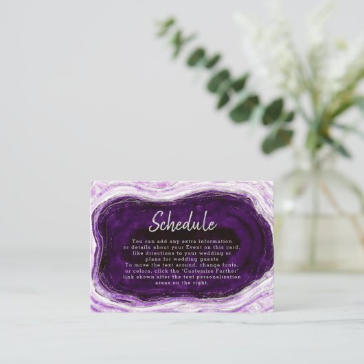 Amethyst Lila & Silver Geode Wedding Zeitplan Begleitkarte (Stehend Vorderseite)