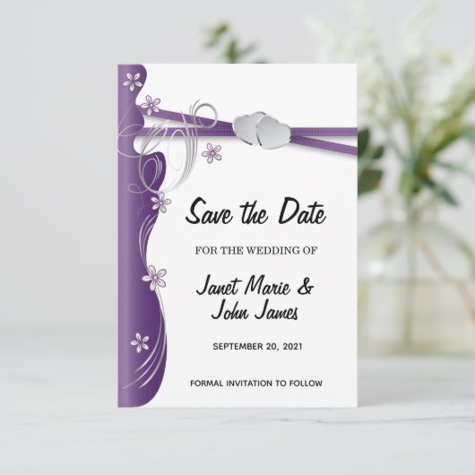 Amethyst Lila und Silber Save The Date (Stehend Vorderseite)