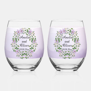 Amethyst Lilies über Lila Wasserfarbenhochzeit Weinglas Ohne Stiel