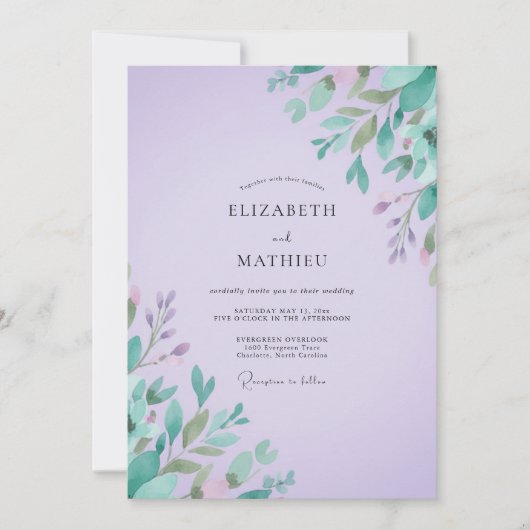 Amethyst-Minz-Blatt-Hochzeit Einladung (Vorderseite)