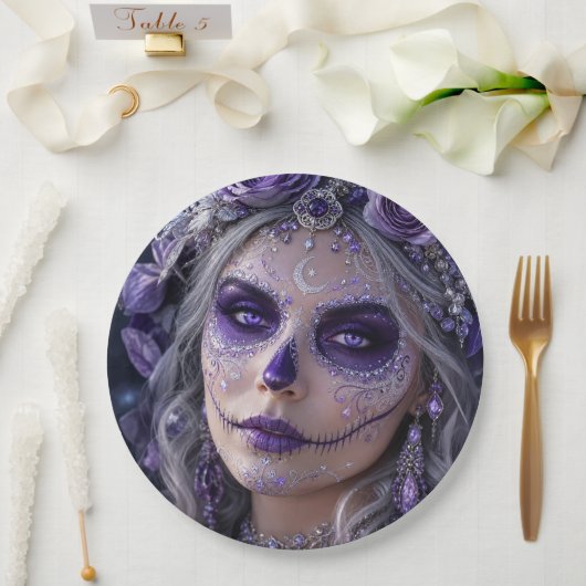 Amethyst Moon Calavera – Purple Day of the Dead Pappteller (Hochzeit)