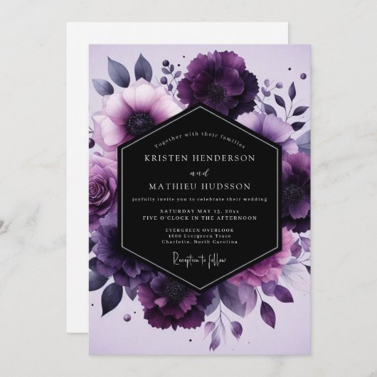 Amethyst Nocturne Flora Wedding Einladung (Vorne/Hinten)